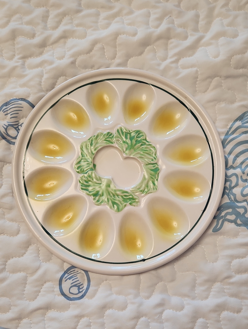 Source Unknown White, Yellow and Green Ceramic Deviled Egg Platter